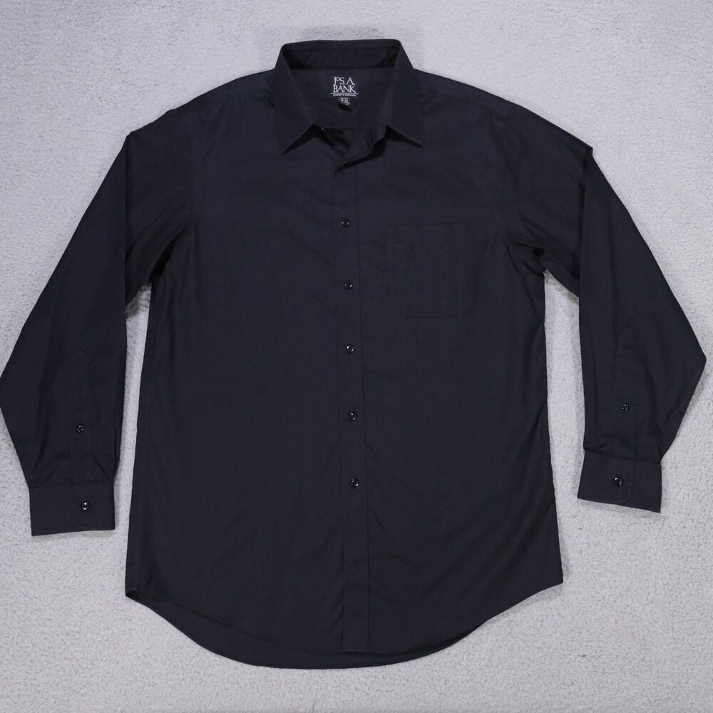 Jos A Bank Traveler Shirt Mens 16-33 Slim Fit Black Solid Button Up Long Sleeve